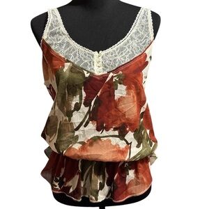 Abercrombie & Fitch Womens Floral Chiffon Lace Trim Peasant Boho Top Size Large